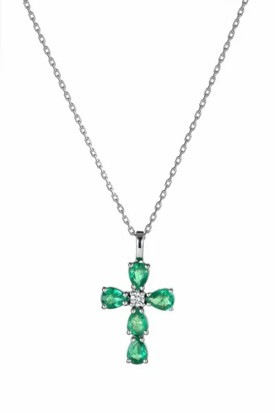 Σταυρός Λευκόχρυσο 18Κ με Διαμάντια Brillant  και Σμαράγδια 0.61Ct