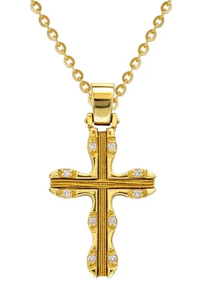 Χειροποίητος Βυζαντινός Σταυρός με Αλυσίδα Χρυσό 18Κ με Διαμάντια Brillant 0.18Ct