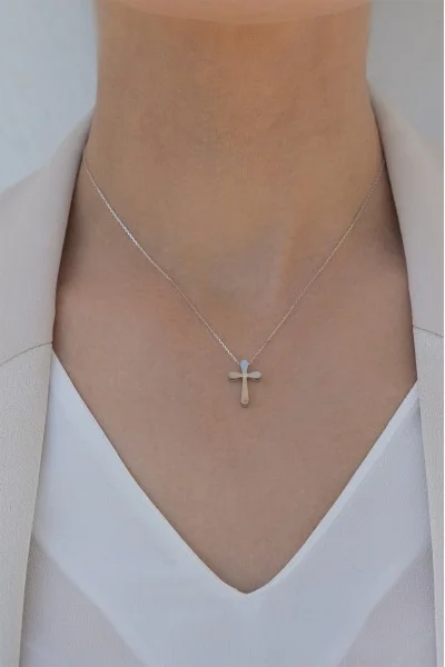 Κολιέ Λευκόχρυσο 18Κ Σταυρός με Διαμάντια Brillant 0.014Ct Διπλής Όψης