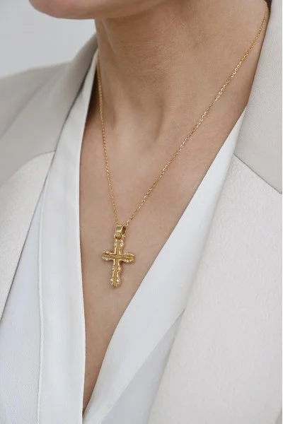 Χειροποίητος Βυζαντινός Σταυρός με Αλυσίδα Χρυσό 18Κ με Διαμάντια Brillant 0.18Ct