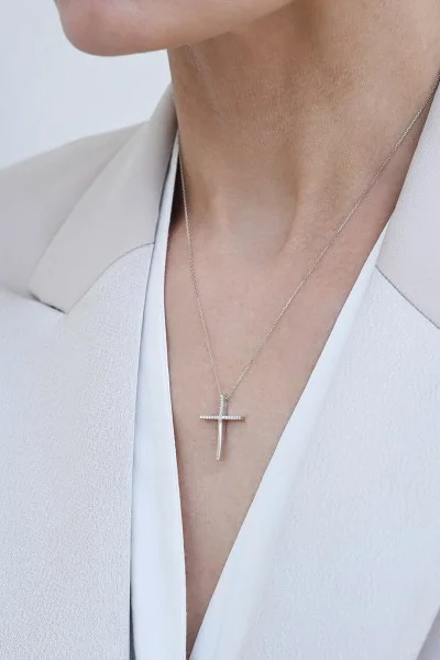 Σετ Σταυρός με Αλυσίδα Λευκόχρυσο 18Κ με Διαμάντια Brillant 0.07ct