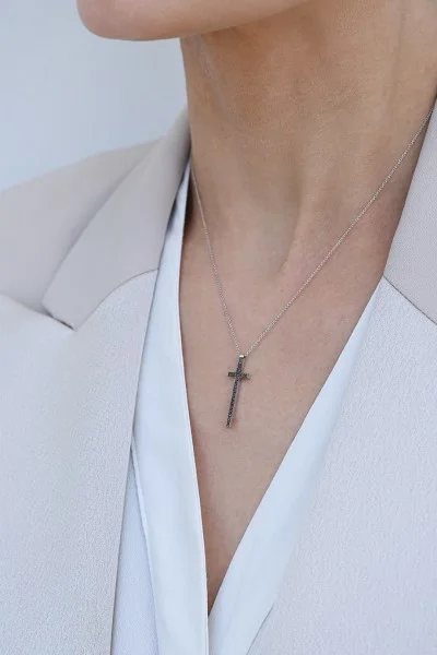 Σετ Σταυρός με Αλυσίδα Λευκόχρυσο 18Κ Brillant Black Diamonds 0.10Ct