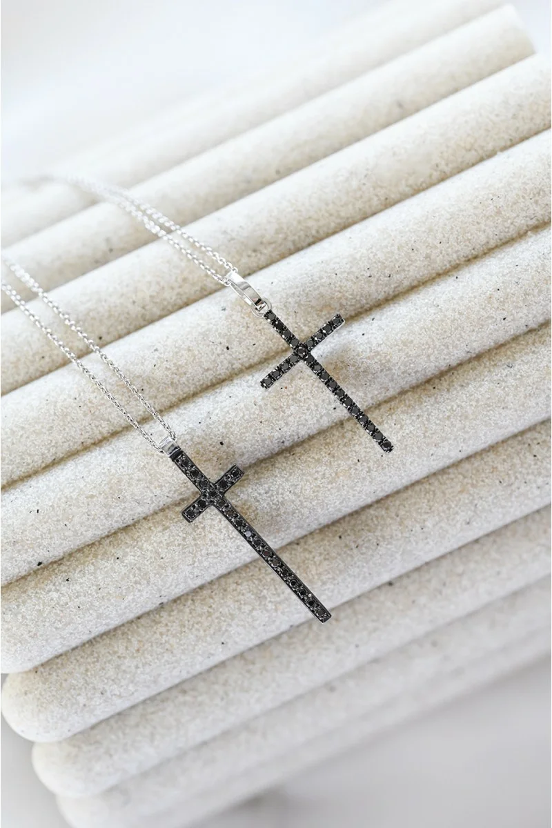 Σετ Σταυρός με Αλυσίδα Λευκόχρυσο 18Κ Brillant Black Diamonds 0.10Ct