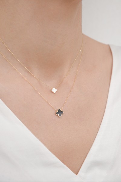 Κολιέ Χρυσό 9Κ Flower Διπλής Όψης Μαύρο-Λευκό Σμάλτο