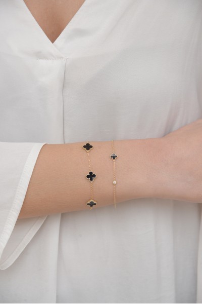 Βραχιόλι Χρυσό 9Κ Black Flower Σμάλτο