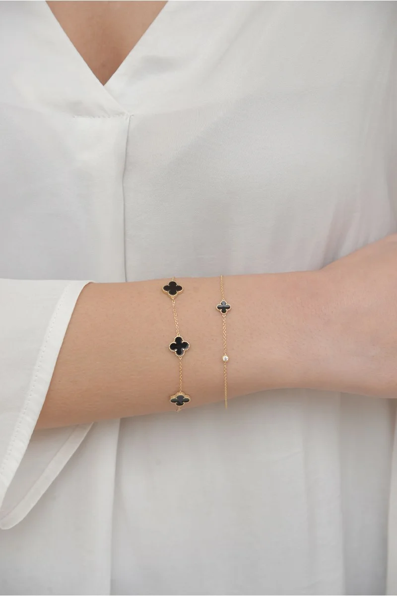 Βραχιόλι Χρυσό 9Κ Black Flower Σμάλτο