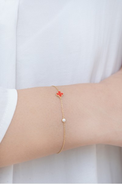 Βραχιόλι Χρυσό 9Κ Red Flower Σμάλτο