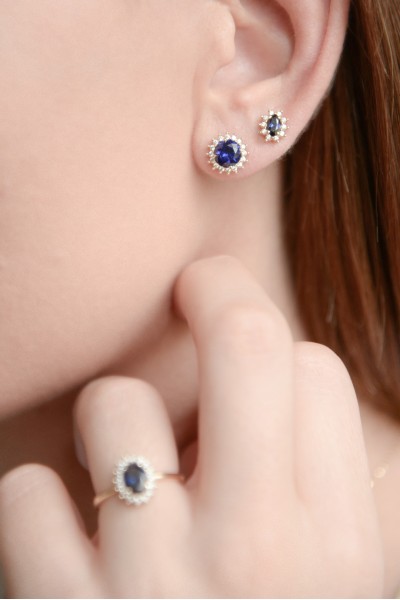 Σκουλαρίκι Χρυσό 14Κ Οβάλ Ροζέτα Ζαφείρι 4915