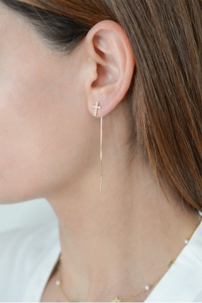 Σκουλαρίκι Μονό Χρυσό 14Κ Cross Long