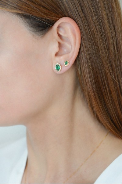 Σκουλαρίκι Χρυσό 14Κ Οβάλ Ροζέτα Σμαράγδι 5350