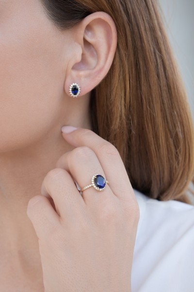 Σκουλαρίκι Χρυσό 14Κ Οβάλ Ροζέτα Ζαφείρι 6000