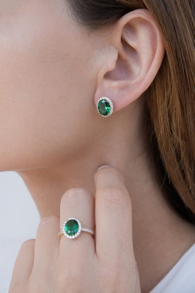 Σκουλαρίκι Χρυσό 14Κ Ροζέτα Σμαράγδι Elite 6003