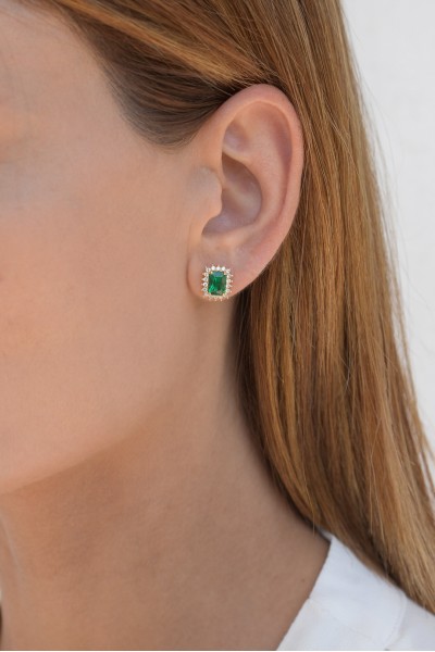 Σκουλαρίκι Χρυσό 14Κ Ροζέτα Σμαράγδι Elite 6469