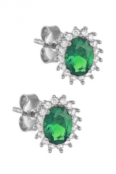 Σκουλαρίκι Λευκόχρυσο 14Κ Ροζέτα Σμαράγδι 6108