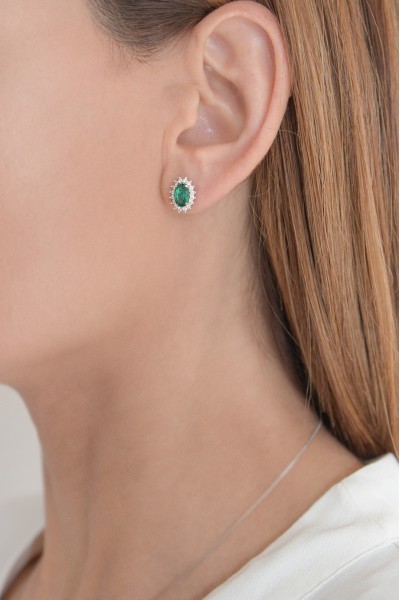 Σκουλαρίκι Λευκόχρυσο 14Κ Ροζέτα Σμαράγδι 6108