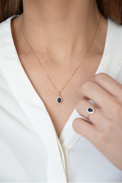 Κρεμαστό Χρυσό 14Κ Οβάλ Ροζέτα Ζαφείρι 5086