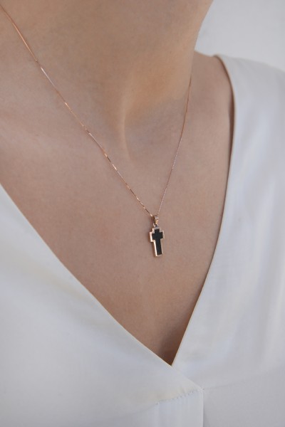 Κρεμαστό Ροζ Χρυσό 14Κ Σταυρός Μεγάλος Διπλής Όψης Μαύρο-Λευκό