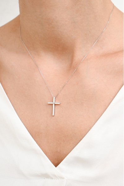 Σετ Σταυρός με Αλυσίδα Λευκόχρυσος 14Κ Μασίφ Minimal 6996