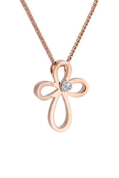 Σετ Σταυρός με Αλυσίδα Ροζ Χρυσός 14Κ Καρδιά 2577