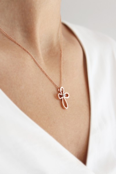 Σετ Σταυρός με Αλυσίδα Ροζ Χρυσός 14Κ Καρδιά 2577