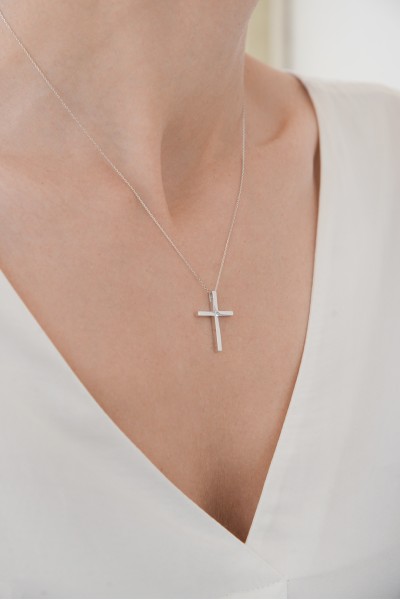 Σετ Σταυρός με Αλυσίδα Λευκόχρυσος 14Κ Λουστρέ 6170