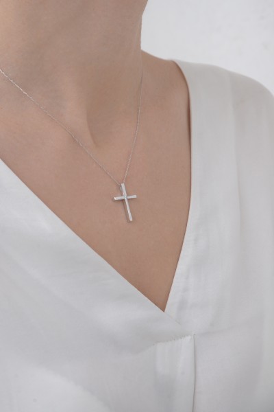 Σετ Σταυρός με Αλυσίδα Λευκόχρυσος 14Κ Λουστρέ 6355