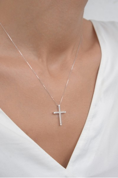 Σετ Σταυρός με Αλυσίδα Λευκόχρυσος 14Κ Μασίφ Minimal 6506