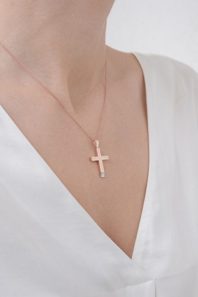 Σετ Σταυρός με Αλυσίδα Ροζ Χρυσός 14Κ Πέτρα Chic 6375