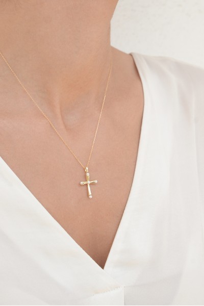 Κολιέ Χρυσό 14Κ Σταυρός Μαργαριτάρια