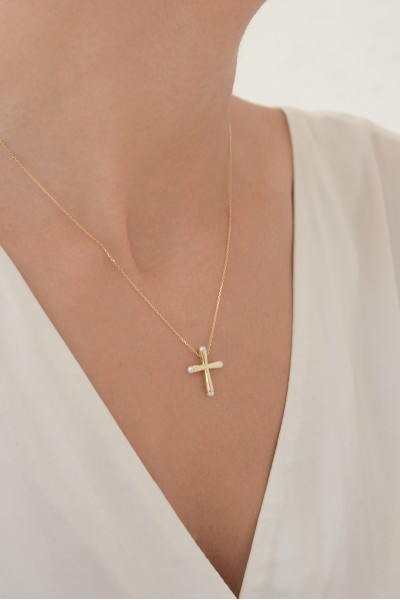 Κολιέ Χρυσό 14Κ Σταυρός Μαργαριτάρια