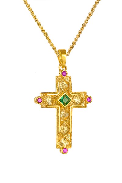 Σετ Σταυρός με Αλυσίδα Χρυσός 14Κ Βυζαντινός Διπλής Όψης 7022