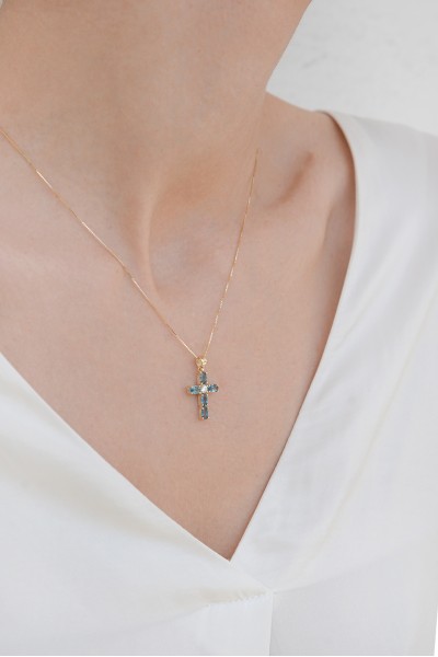 Κρεμαστό Χρυσό 14Κ Σταυρός Blue Topaze 1,34Ct 6289