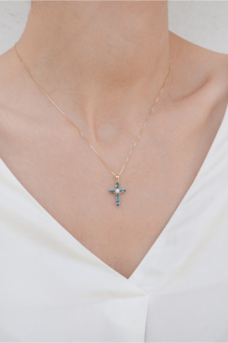 Κρεμαστό Χρυσό 14Κ Σταυρός Blue Topaze 1,34Ct 6289