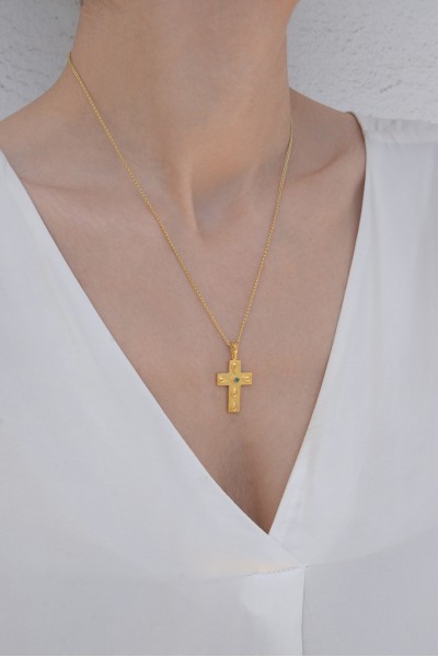 Σταυρός Βάπτισης Βυζαντινός Χρυσός 14Κ Σμαράγδι 0.07ct 6326