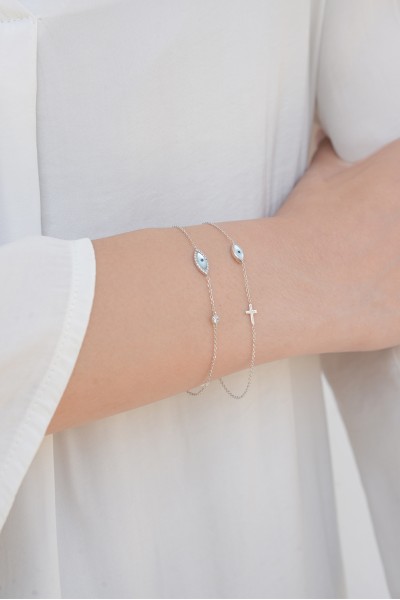 Βραχιόλι Λευκόχρυσο 14Κ Μάτι Σταυρός