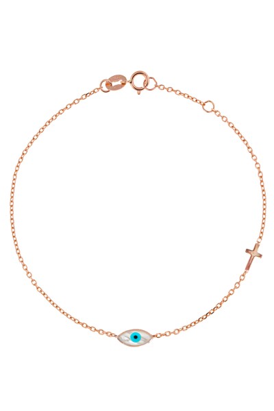 Βραχιόλι Ροζ Χρυσό 14Κ Μάτι Σταυρός