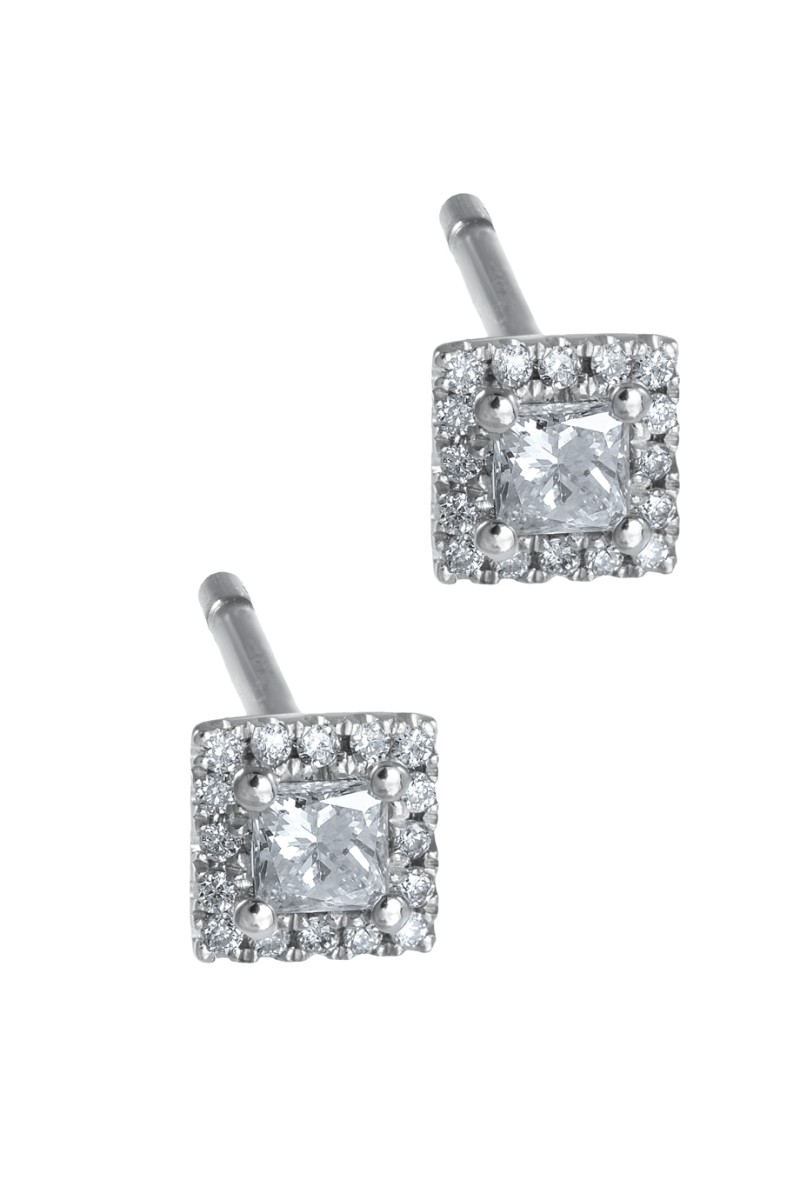 Σκουλαρίκια Λευκόχρυσο 18Κ Princess Cut Pave  Διαμάντι 0.19ct