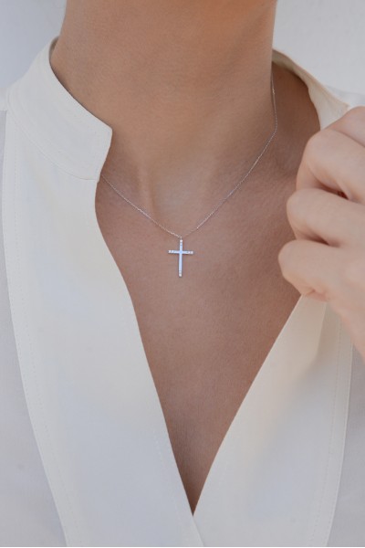 Κολιέ Λευκόχρυσο 18Κ Σταυρός με Διαμάντια Brillant 0.07Ct