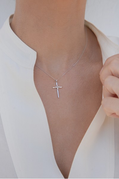 Κολιέ Λευκόχρυσο 18Κ Σταυρός με Διαμάντια Marquise 0.14Ct