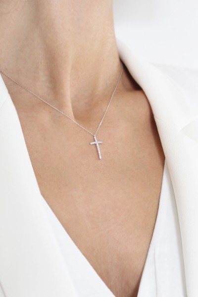 Κολιέ Λευκόχρυσο 18Κ Σταυρός με Διαμάντια Brillant 0.19Ct