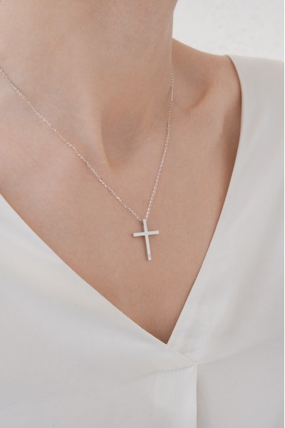 Κολιέ Λευκόχρυσο 18Κ Σταυρός με Διαμάντια Brillant 0.02Ct