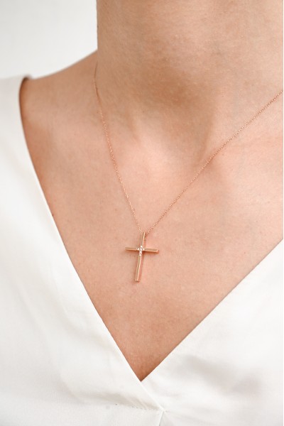 Σετ Σταυρός με Αλυσίδα Ροζ Χρυσός 14Κ Minimal 7026