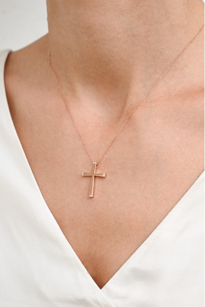 Σετ Σταυρός με Αλυσίδα Ροζ Χρυσός 14Κ Minimal 7028
