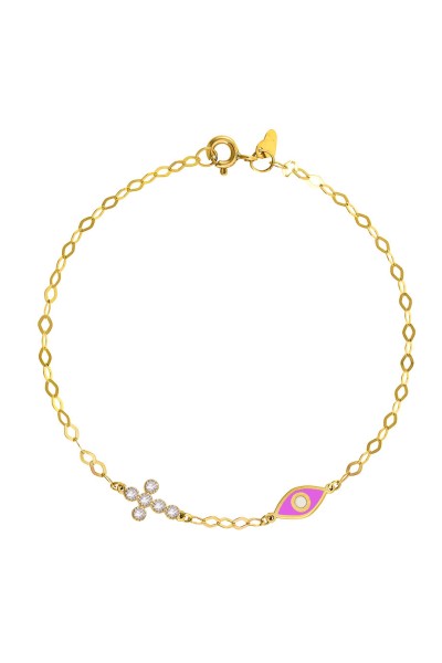 Βραχιόλι Χρυσό 9Κ Ματάκι Σταυρός Ροζ