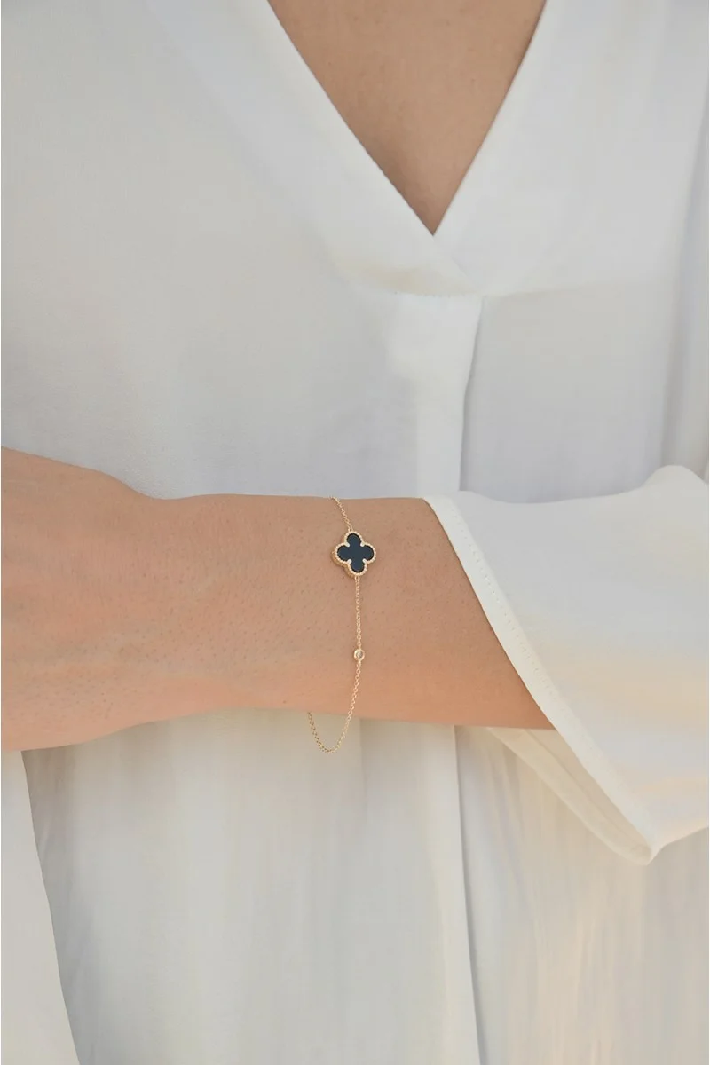 Βραχιόλι Χρυσό 14Κ Black Flower Όνυχας