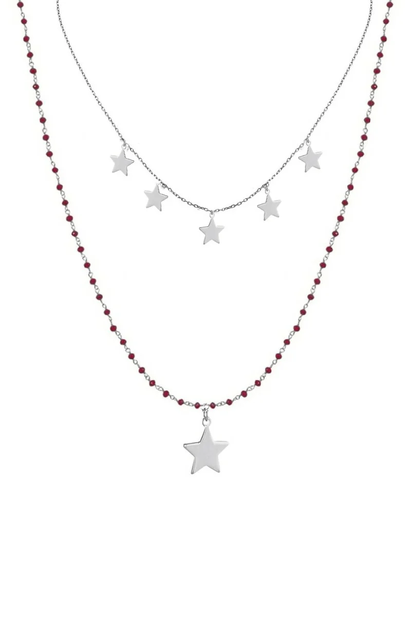 Κολιέ Ασημένιο Διπλό Stars Red Ροζάριο