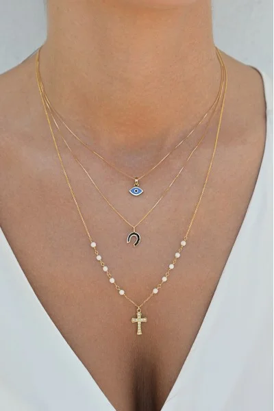 Κολιέ Χρυσό 14Κ Ροζάριο Λευκό Σταυρός