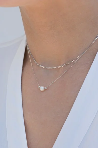 Κολιέ Λευκόχρυσο 14Κ Μαργαριτάρι Διαμανταρισμένο