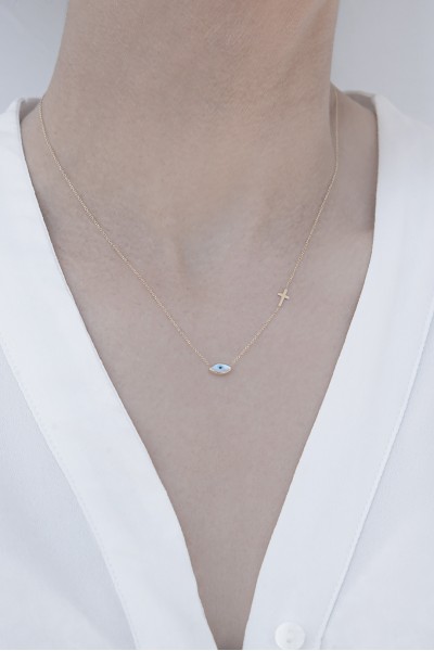 Κολιέ Λευκόχρυσο 14Κ Μάτι Φίλντισι Σταυρός