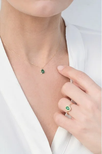 Κολιέ Χρυσό 14Κ Green Drop Μαλαχίτης